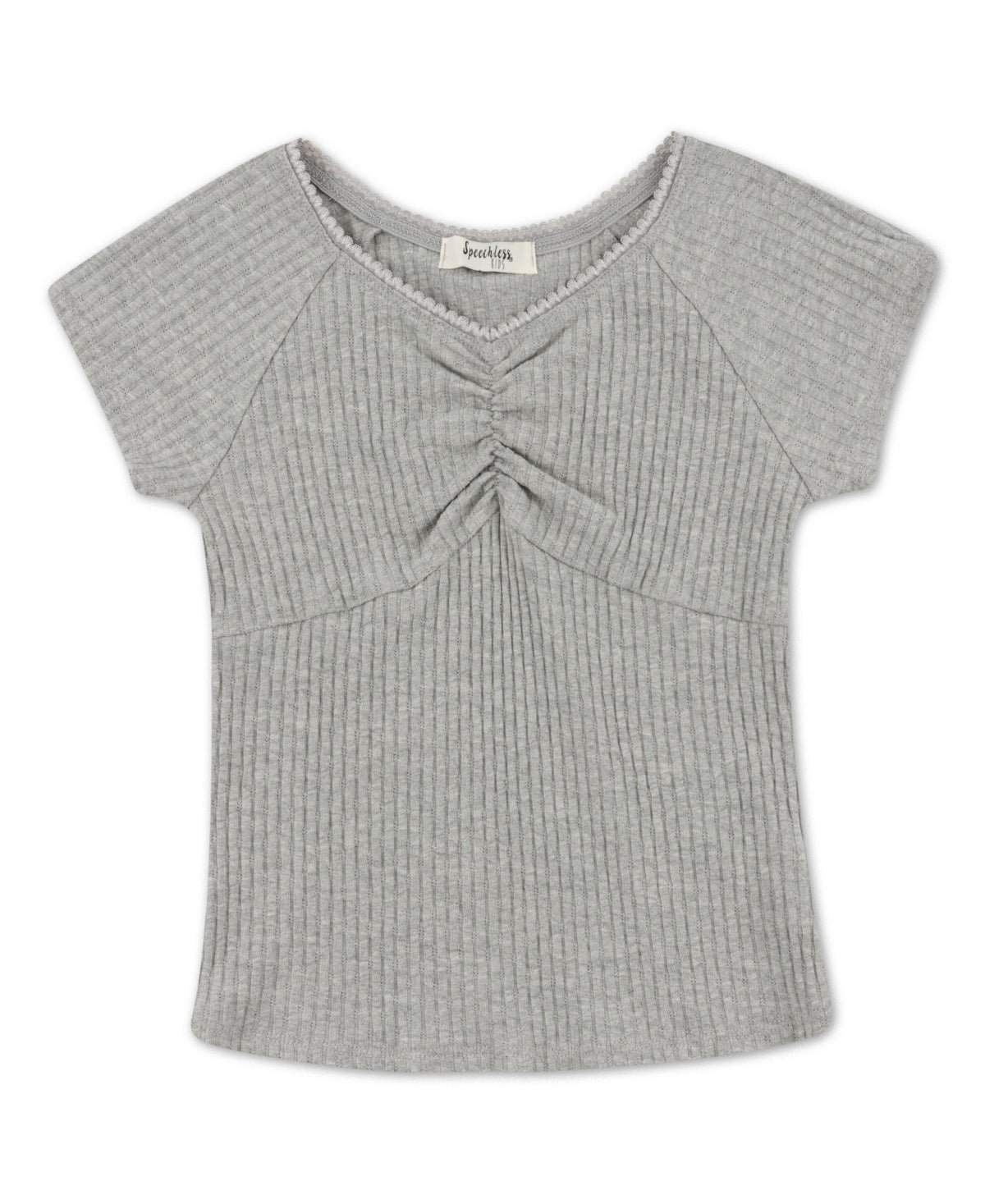 Speechless Girls Cinched Detail Knit Ribbed V-neck Top - Heather Gray