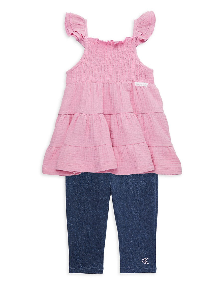 Calvin Klein Little Girls Smocked Tiered Gauze Tunic and Stretch Capri Leggings, 2 Piece Set - Pink