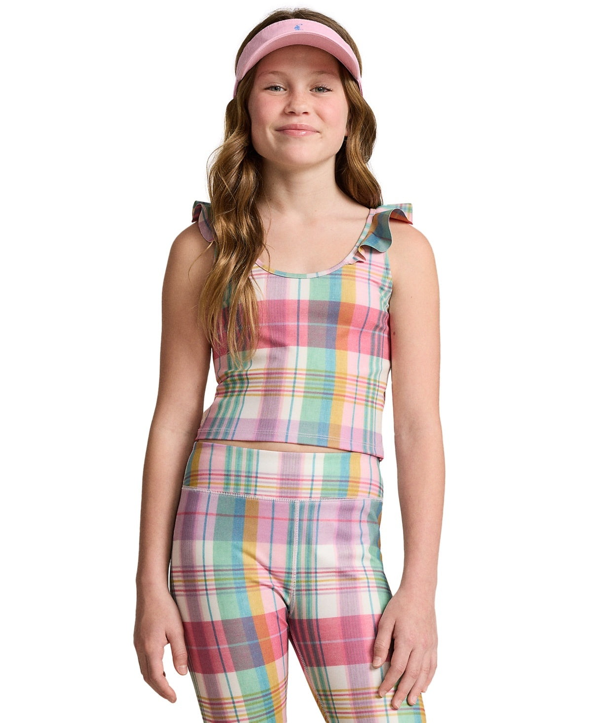 Polo Ralph Lauren Big Girls Madras-Print Performance Jersey Top - Pastel Madras with Sweet Corn