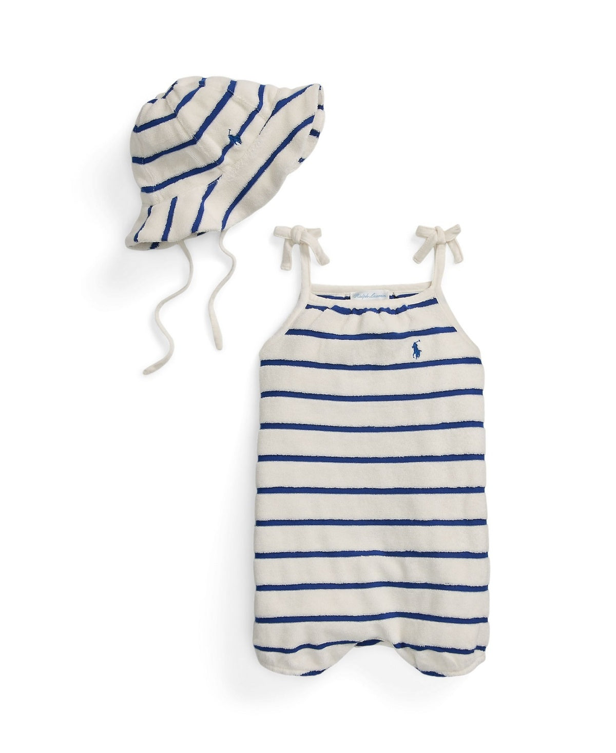 Polo Ralph Lauren Baby Girls Striped Terry Bubble Shortall- Deckwash White, Brilliant Sapphire