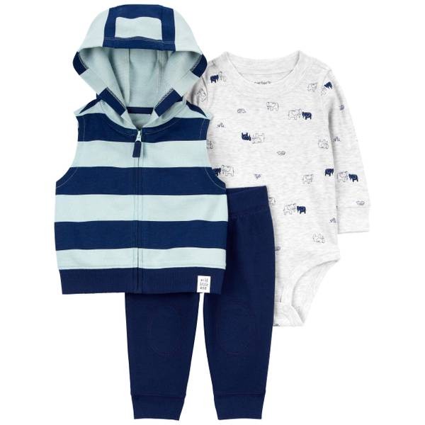 Carter's Baby Boys Striped Hooded Vest, Elephant-Print Bodysuit & Solid Pants, 3 Piece Set - Blue