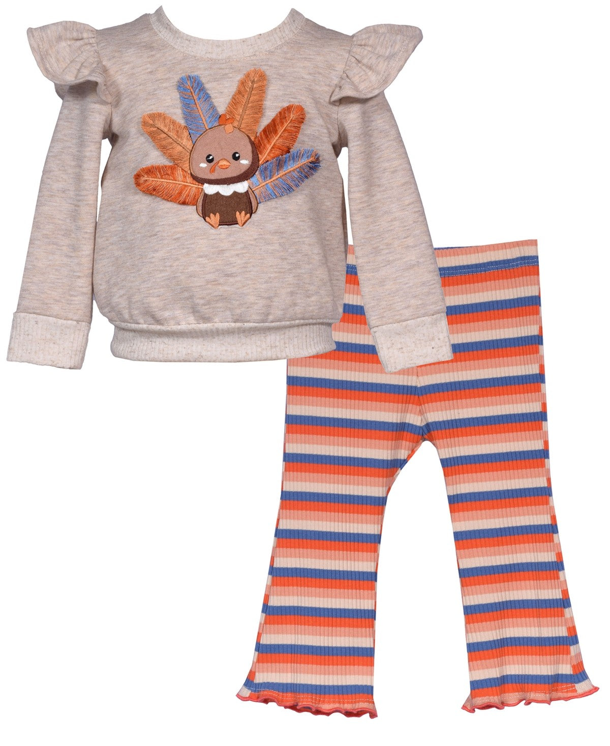 Bonnie Baby Baby Girls Long Sleeved Flutter Shoulder Sweatshirt with Turkey Applique set