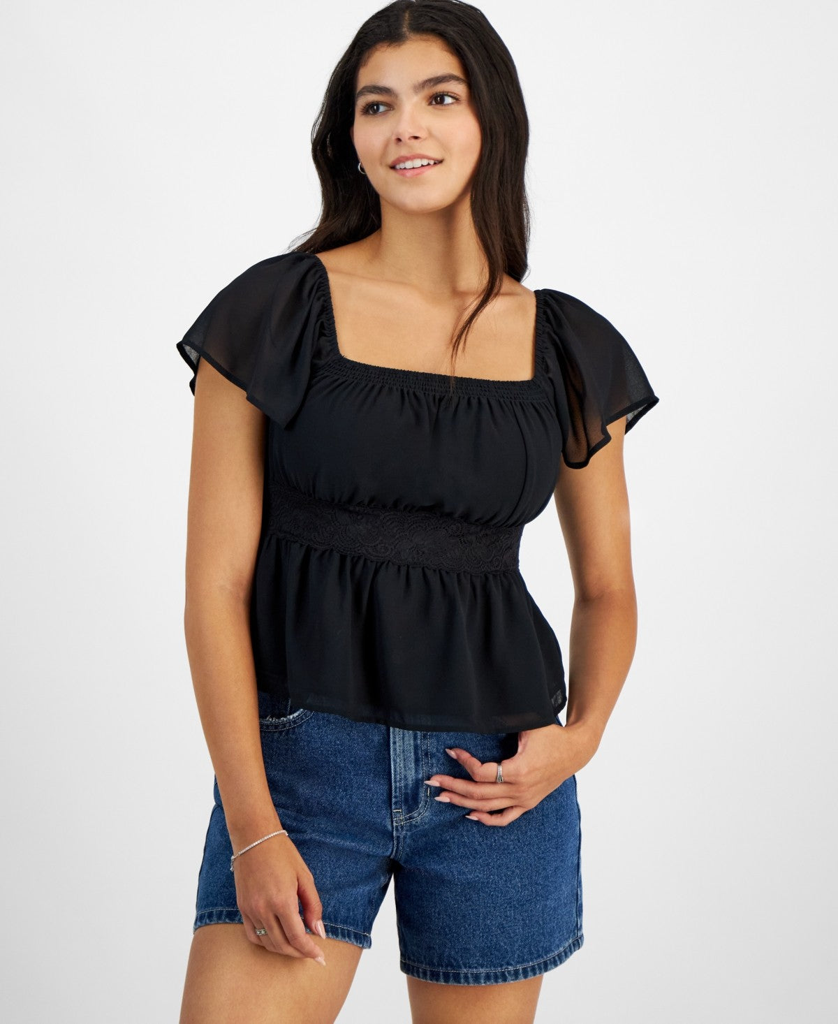 Celebrity Pink Juniors' Lace-Trim Flutter-Sleeve Top