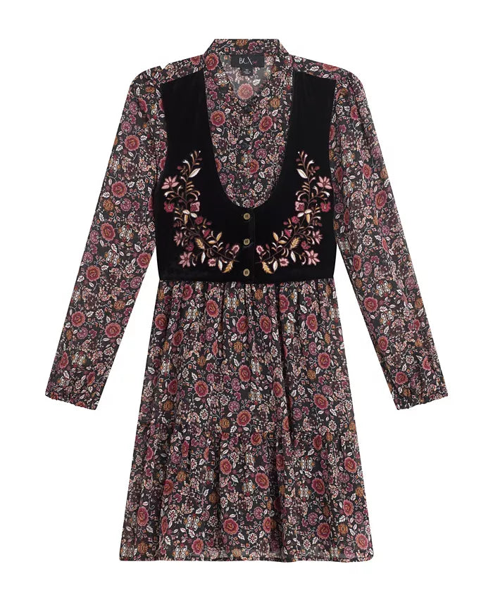 Beautees Long Sleeves Print Chiffon Dress with Embroidered Velvet Faux Vest - Black