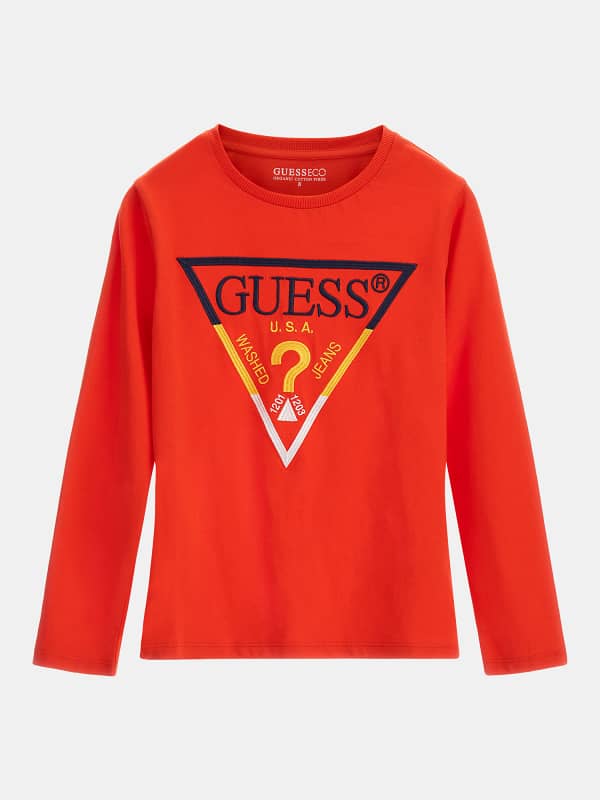 Guess Big Boys Cotton Embroidered Triangle Logo Long Sleeve T-shirt - Red