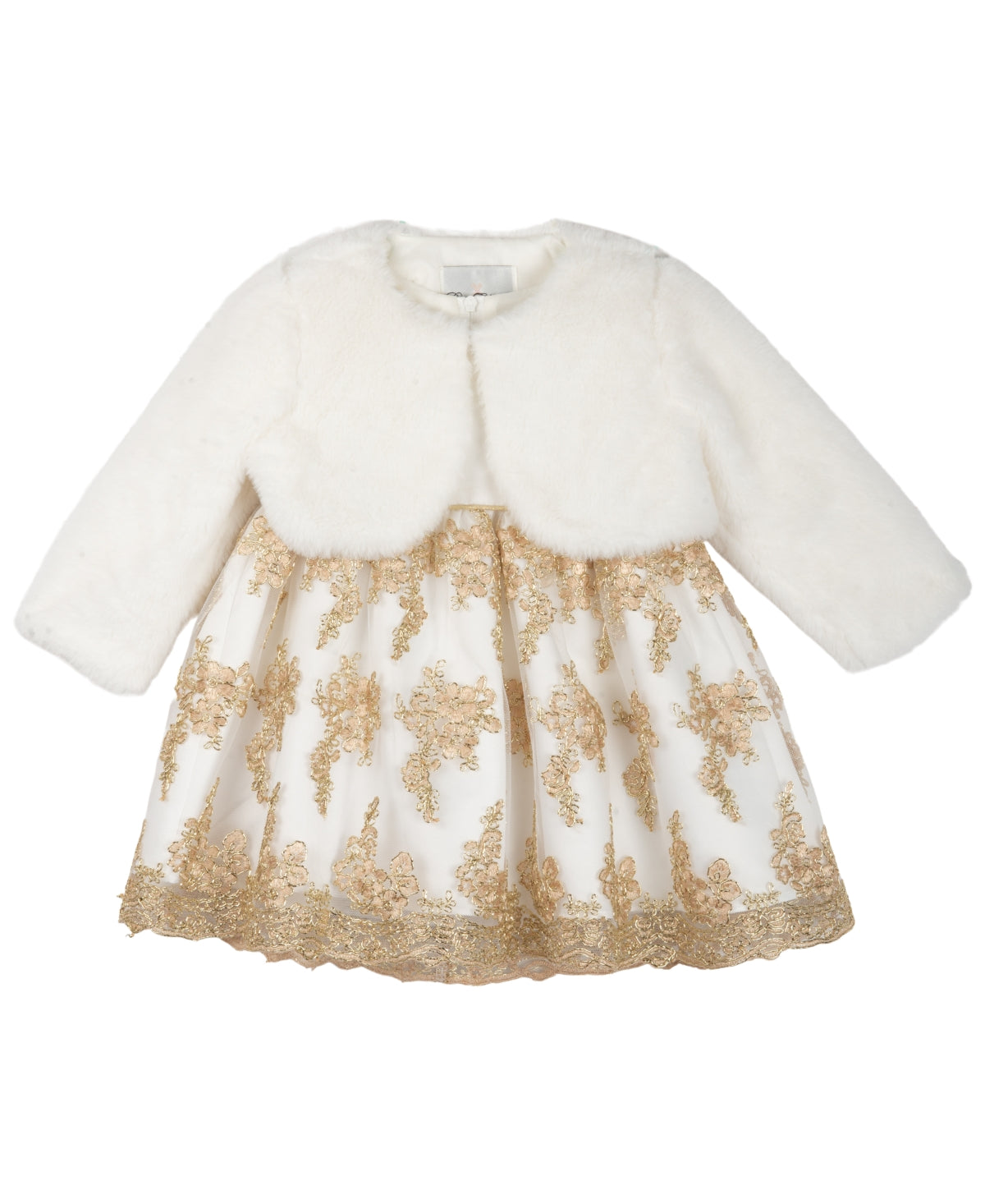 Rare Editions Baby Girls Dress and Faux Fur Jacket, 2 Piece Set - Ivory