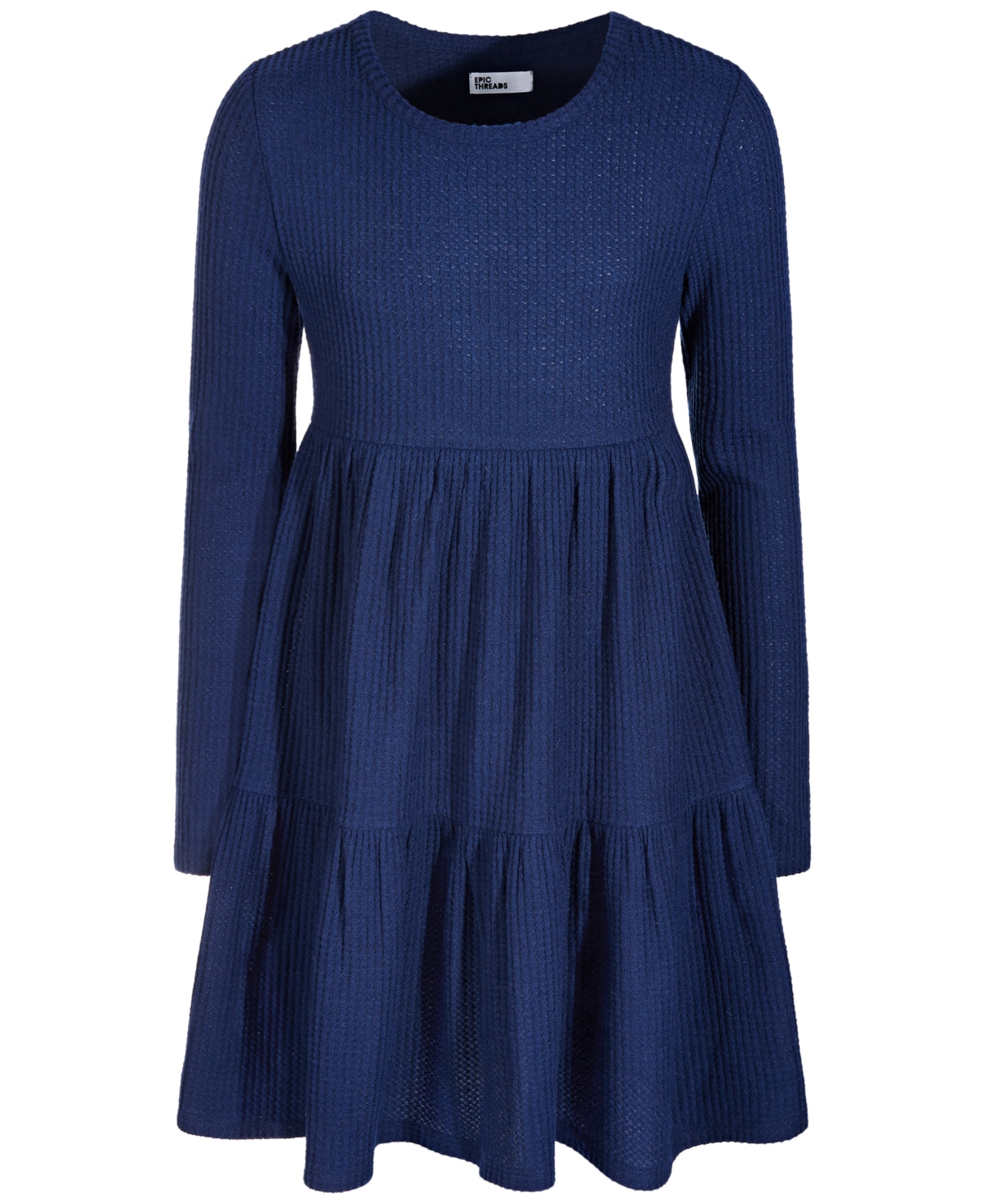 Epic Threads Big Girls Long-Sleeve Waffled Tiered Dress- Navy Sea