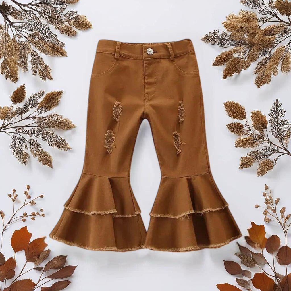 Brown Distressed Layered Ruffle Bell Jeans