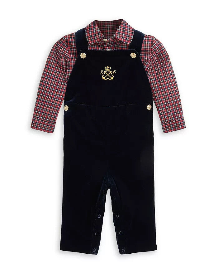 Ralph Lauren Boys' Plaid Shirt & Velvet Overall Set- Navy Multi online for $103.31