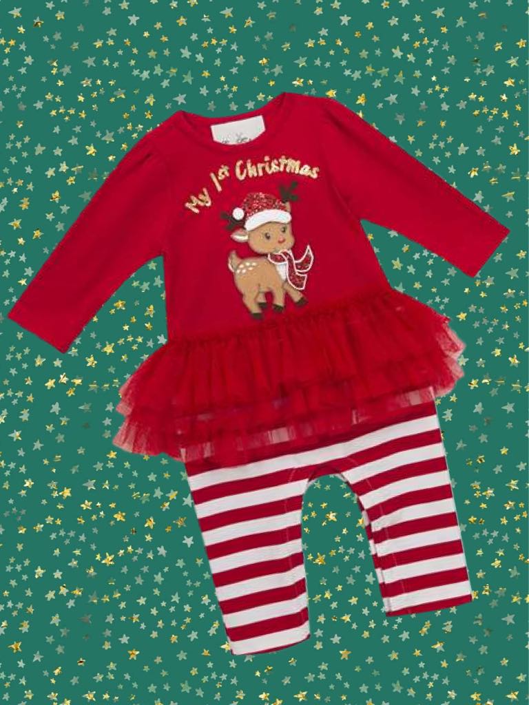 Baby and Toddler Girls Rare Editions Red TuTu w/1st Christmas Reindeer
