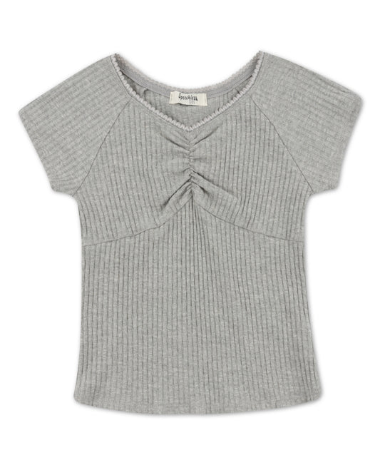 Speechless Girls Cinched Detail Knit Ribbed V-neck Top - Heather Gray