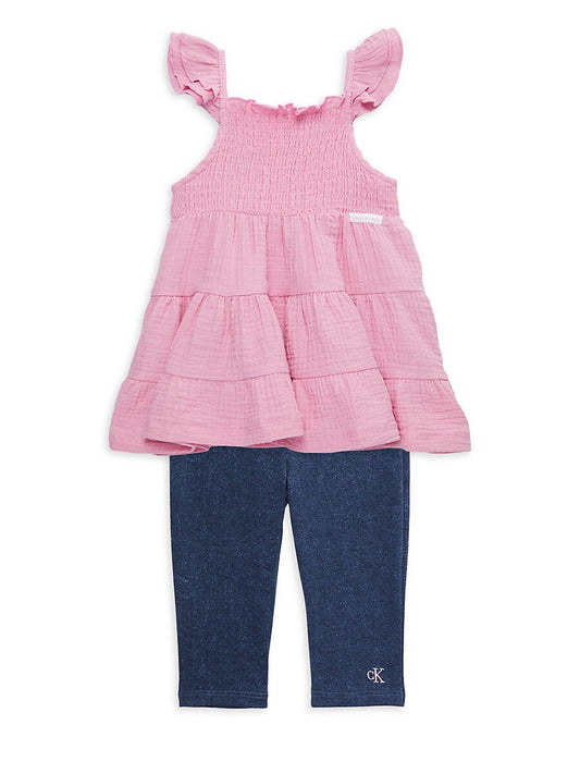 Calvin Klein Little Girls Smocked Tiered Gauze Tunic and Stretch Capri Leggings, 2 Piece Set - Pink