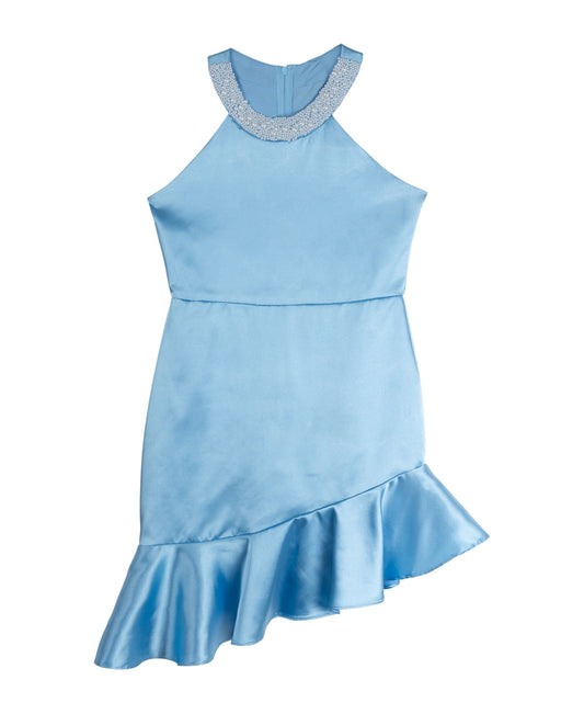 Rare Editions Big Girls Sleeveless Imitation Pearl Halter Social Dress - Blue