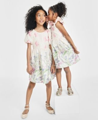 Rare Editions Big Girls Floral Butterfly Brocade Puff-Sleeve Social Dress