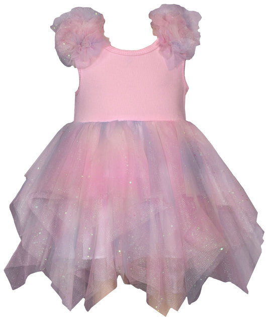 Bonnie Baby Baby Girls Rib Knit to Rainbow Mesh Hanky Hem Dress - Multi