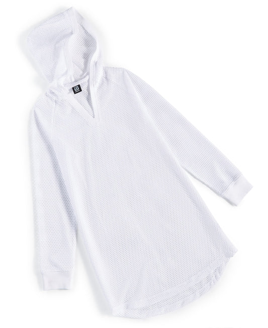 ID Ideology Girls Mesh Long-Sleeve Hooded Cover-up- Bright White