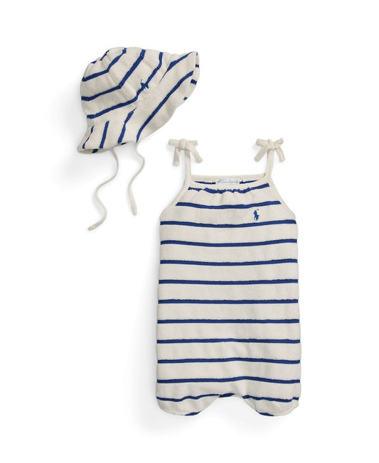 Polo Ralph Lauren Baby Girls Striped Terry Bubble Shortall- Deckwash White, Brilliant Sapphire