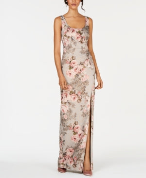 Adrianna Papell Women's Metallic Floral-Print Column Gown - Slate/Blush Floral