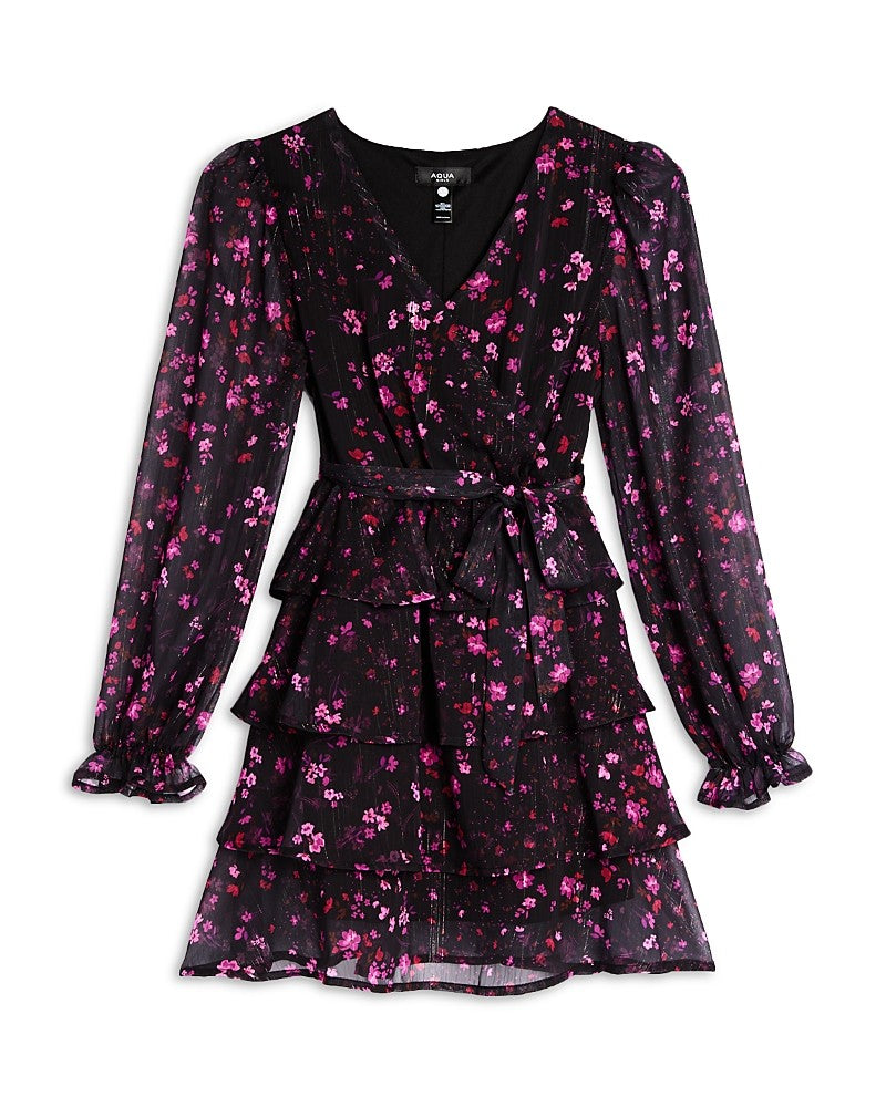 Aqua Girls' Floral Ruffle Wrap Dress