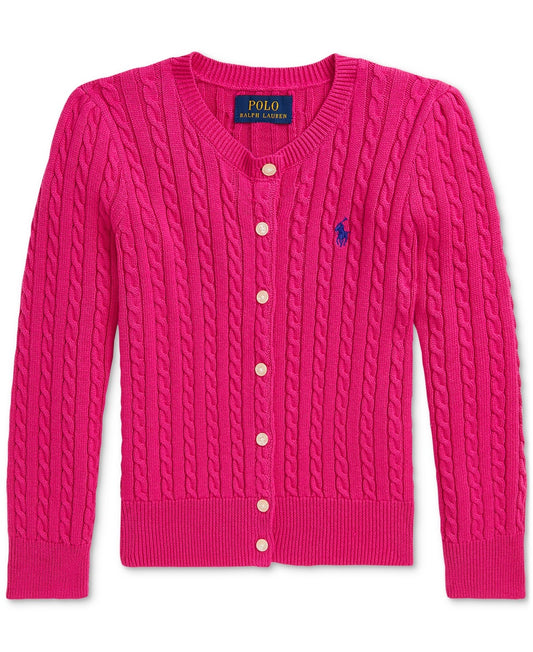 Polo Ralph Lauren Girls Mini-Cable Cotton Cardigan - COLLEGE PINK W/ CLASSIC AZURE