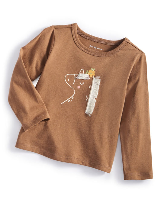 First Impressions Baby Girls Long-Sleeve Horse Fringe Graphic T-Shirt- Rich Mocha