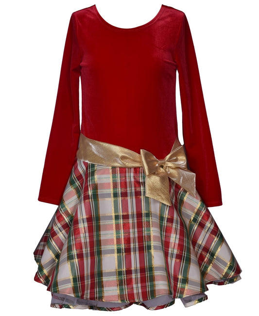 Bonnie Jean Girls Velvet Plaid Hipster Dress - Red