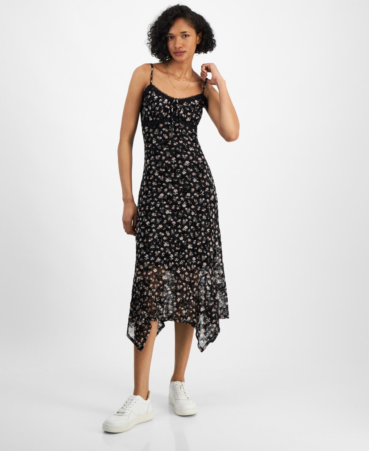 Planet Heart Juniors' Mesh Flocked Asymmetrical Hem Midi Dress