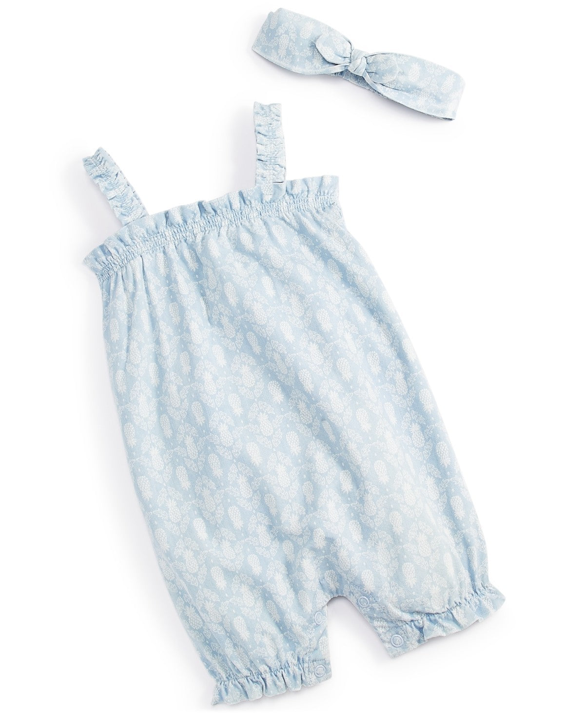 First Impressions Baby Girls Pineapple Stamps Printed Romper & Headband, 2 Piece Set, Created for Macy's - Lt Wsh Chambray