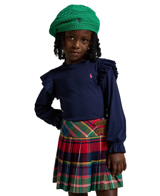 Polo Ralph Lauren Girls Ruffled Cotton-Modal Long-Sleeve Top - NEWPORT NAVY W/ COLLEGE PINK