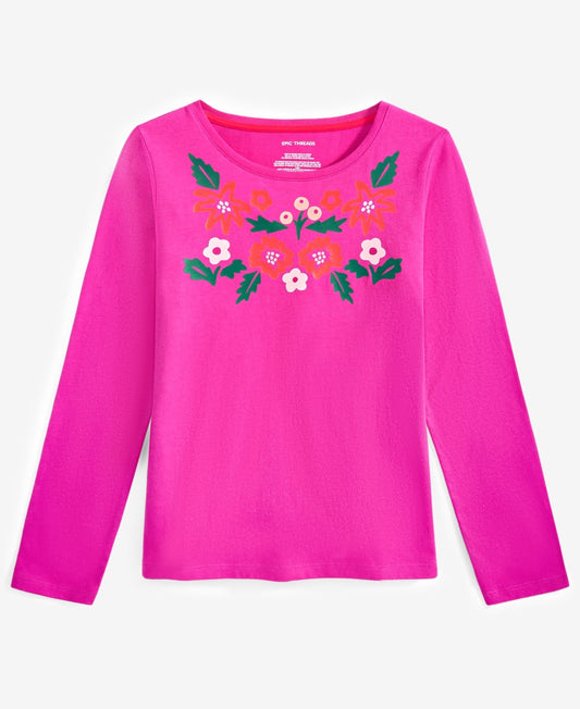 Epic Threads Girls Long-Sleeve Shoulder Floral Graphic T-Shirt