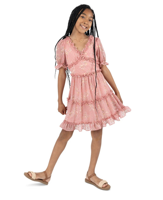 Rare Editions Girls V-Neck FloralChiffon Dress - Blush