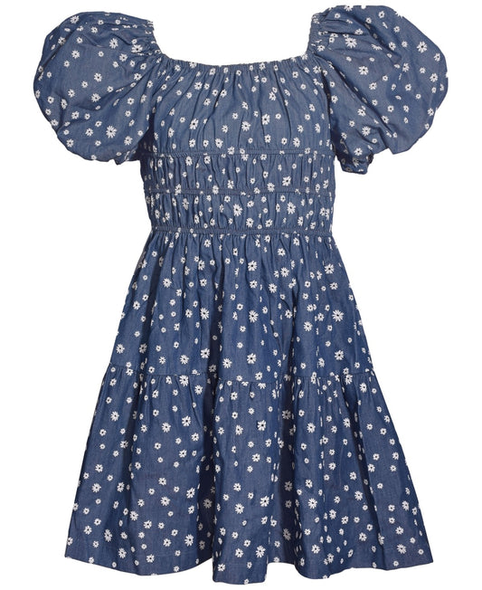 Bonnie Jean Big Girls Tiered Floral-Print Chambray Dress - Navy