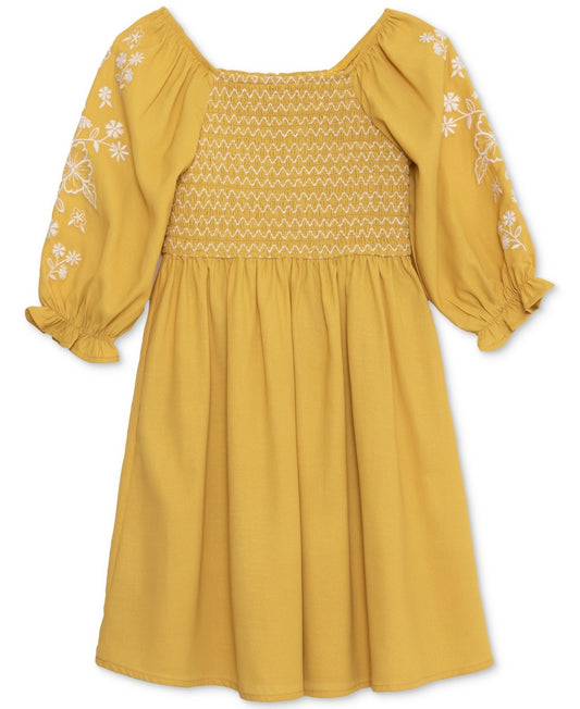 Speechless Big Girls Smocked Floral-Embroidered Dress - Golden Yellow