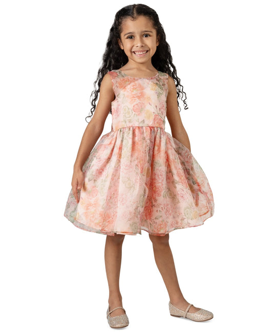 Rare Editions Girls Illusion-Bodice Floral-Print Organza Social Dress - Peach
