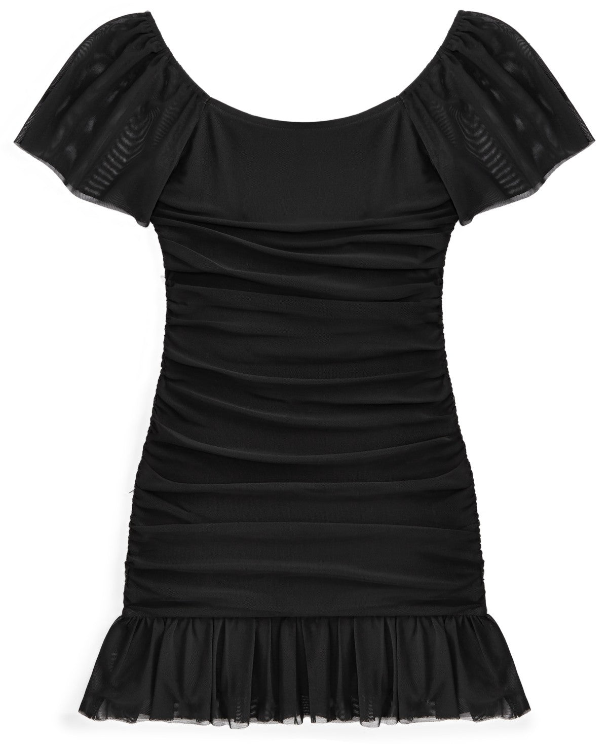 With Jules Big Girls Ruched Flutter-Sleeve Mesh Dress - Black