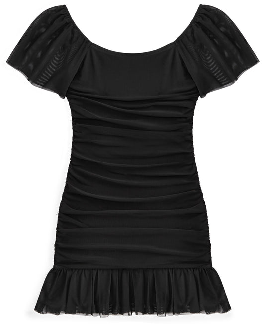 With Jules Big Girls Ruched Flutter-Sleeve Mesh Dress - Black