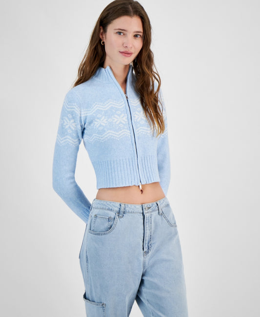 Planet Heart Juniors' Fair Isle Zip-Front Sweater-Nantucket Breeze