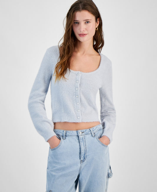 Planet Heart Juniors' Rhinestone-Button Fuzzy Eyelash Cardigan Sweater