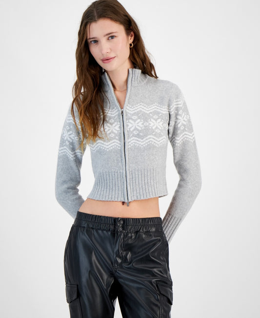 Planet Heart Juniors' Fair Isle Zip-Front Sweater-LT Grey Heather