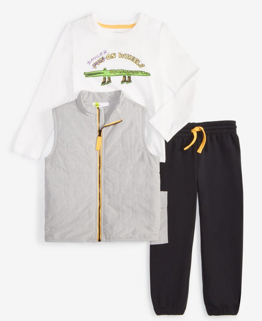 Epic Threads Toddler Boys Danger on Wheels Graphic T-Shirt, Vest & Pants, 3 Piece Set- Lucky Grey