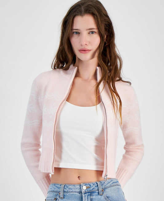 Planet Heart Juniors' Fair Isle Zip-Front Sweater-Icy Pink