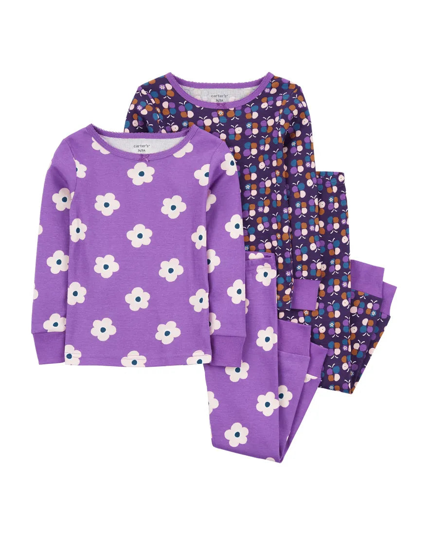 Carter's Toddler Girls Flowers and Butterflies 100% Snug-Fit Cotton Pajamas, 4 Piece Set - Purple