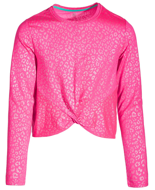 ID Ideology Big Girls Leopard-Print Twist Long-Sleeve T-Shirt - Molten Pink