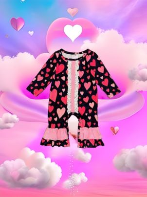 Black and Pink Heart Ruffle Romper