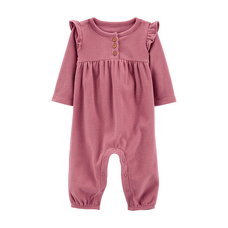 Carter's Girls' Rompers PINK - Pink Fleece Button-Front Long Angel-Sleeve Playsuit