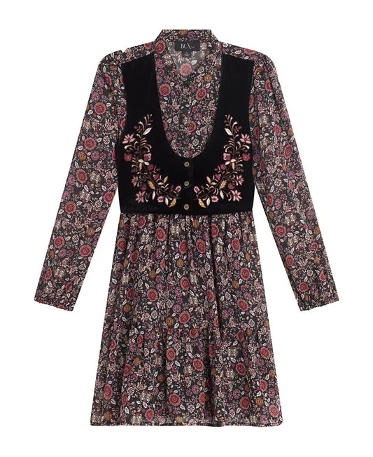 Beautees Long Sleeves Print Chiffon Dress with Embroidered Velvet Faux Vest - Black