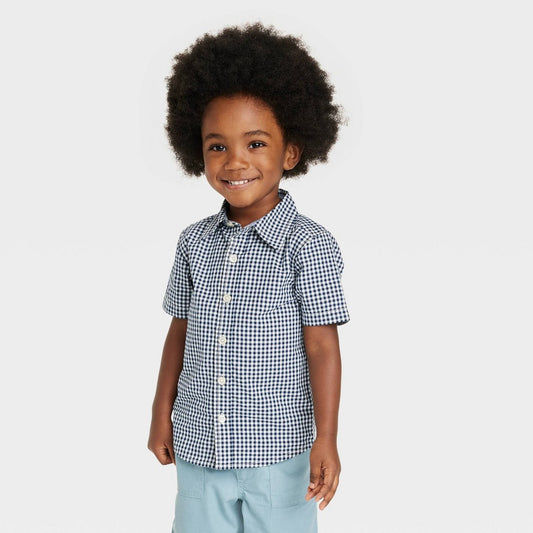 OshKosh B'gosh Toddler Boys' Plaid Checkered Woven Short Sleeve Shirt - Navy Blue