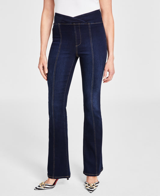 I.n.c. International Concepts Women's High Rise Asymmetrical Seamed Bootcut Jeans- Dark Indigo