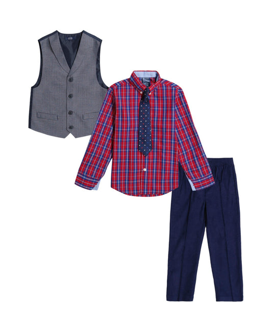 Nautica Toddler Boys Herringbone and Corduroy Machine Washable Vest, Pant, Shirt and Necktie, 4 Piece Set