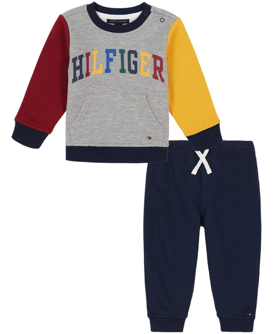 Tommy Hilfiger Baby Boys Multi-Color Block Logo Crewneck Sweatsuit, 2 Piece Set - Gray